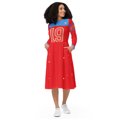 Vintage ET80’s women’s Red/Blue Top long sleeve jersey dress